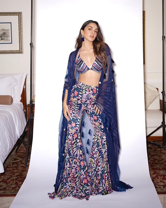 Stunning: Kiara Advani In A Striped Bralette, Floral Pants And Sheer Cape