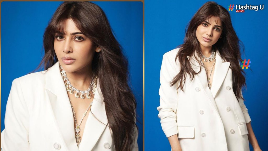 Samantha Ruth Prabhu In Sakunthalam Promotion Samantha Is Sparkling In A White Font Suit.