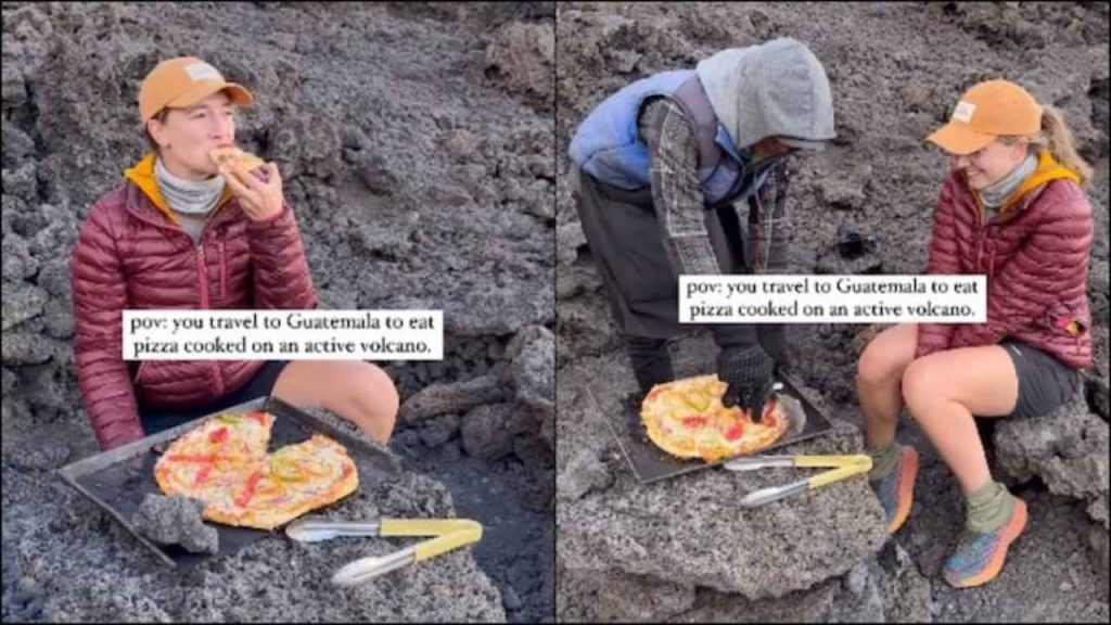 A Women cook and Eat Pizza at Guatemala Valcano