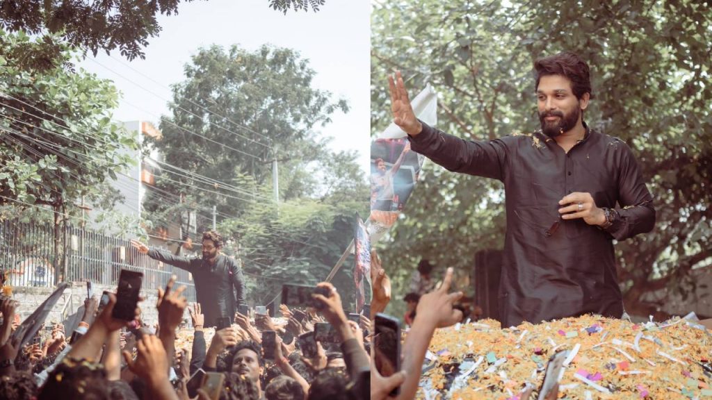 Allu Arjun Grand Welcome by Fans at His home after Receiving National Award
