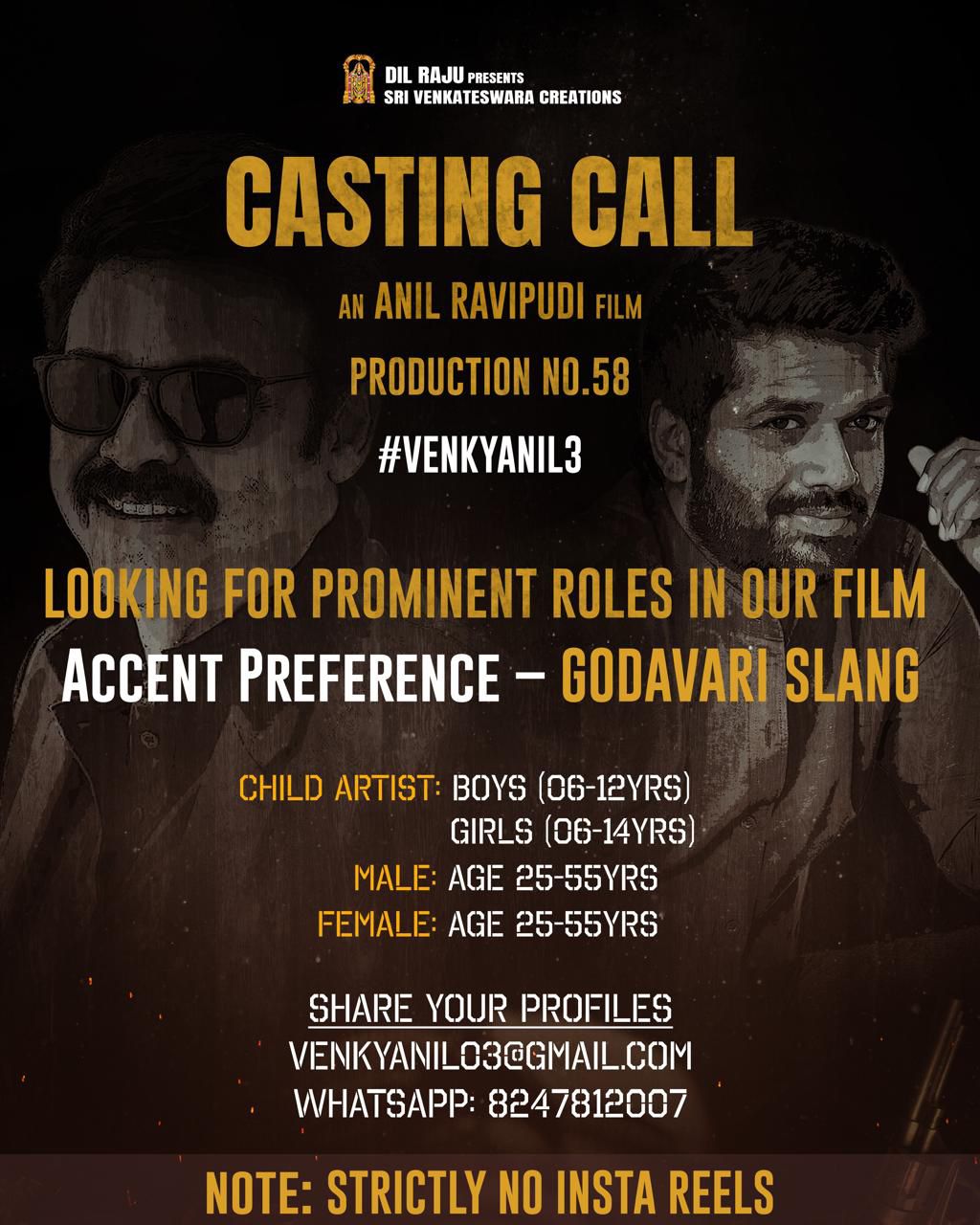 Venkatesh Anil Ravipudi Movie Casting Call For Godavari Accent Artists